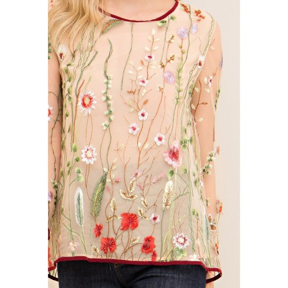 Entro Floral  Embroidered Top, Sand - Picture 2 of 5